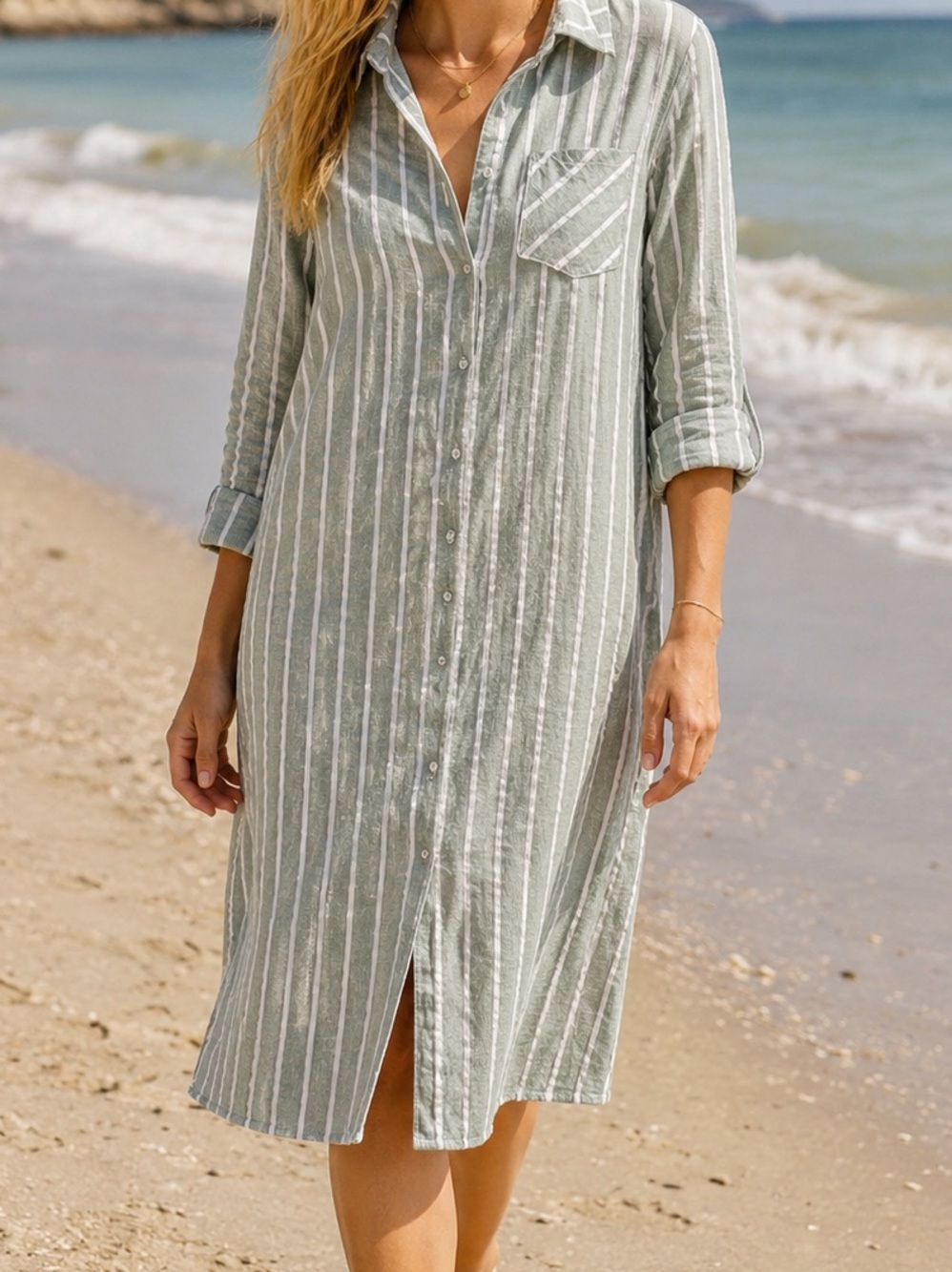 Striped Sage and White  3/4 Sleeved Shirt Dress Size M